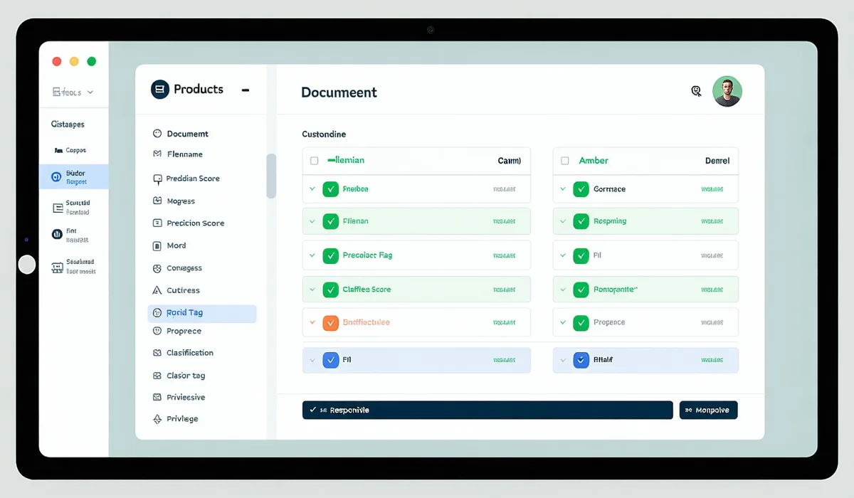 Product concept illustration of a document review grid showing batch of documents with predictive coding classification tags applied — Responsive in green, Privileged in amber, Non-Responsive in gray