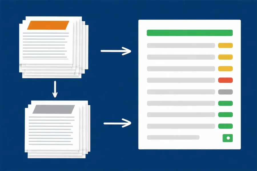 Document batch flowing into a classification grid showing Responsive, Privileged, and Non-Responsive review tags in a predictive coding workflow
