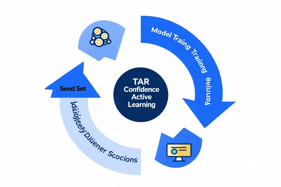 Iterative training loop diagram for Technology Assisted Review showing seed set selection, model training, reviewer feedback, and stopping criteria cycle
