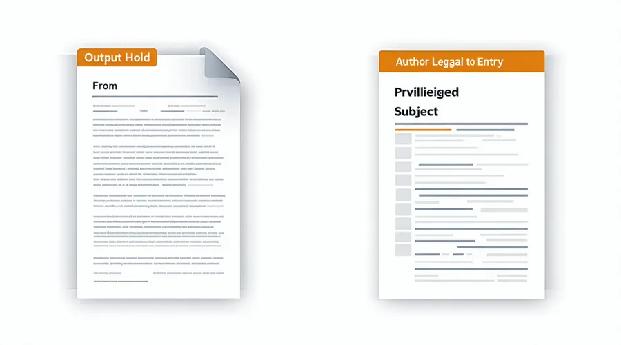Privilege classification diagram showing attorney-client privilege indicators being detected in document metadata, with amber Privileged tag applied