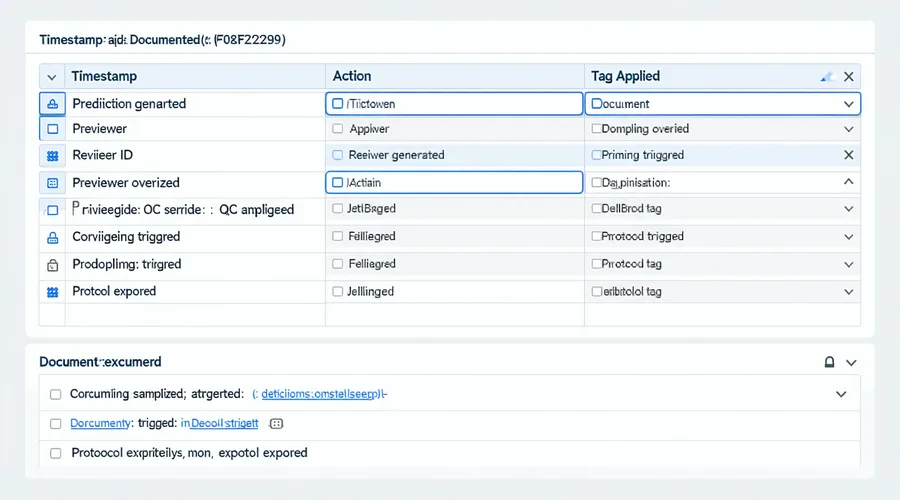 Concept illustration of a TAR review workflow audit trail log showing timestamped review decisions and system actions for court admissibility documentation